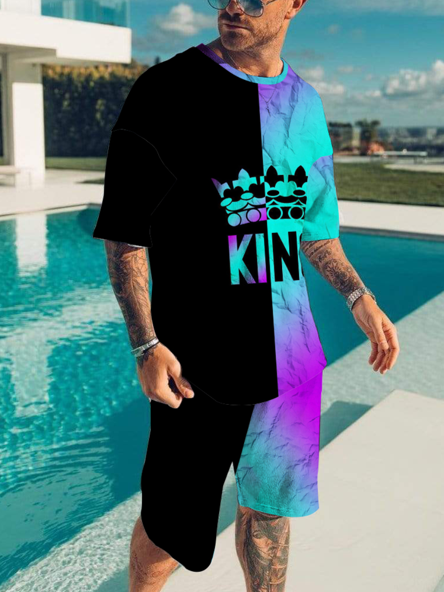 

LW Men King Crown Print Tie-dye Shorts Set, Blue
