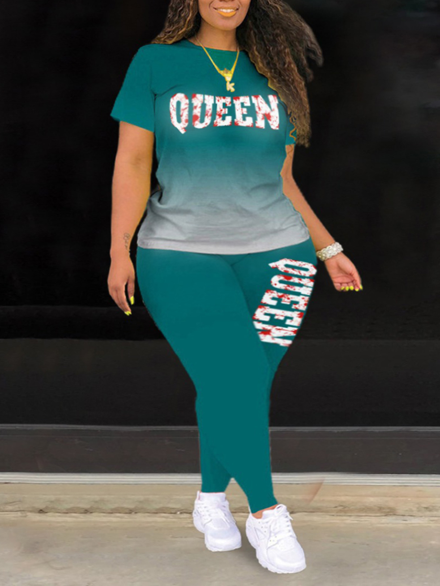 

LW Plus Size Queen Gradient Letter Print Pants Set, Green