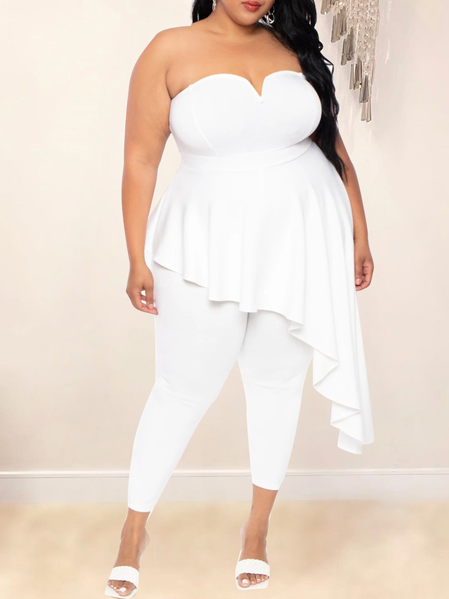 

LW Plus Size Off The Shoulder Flounce Design Pants Set, White