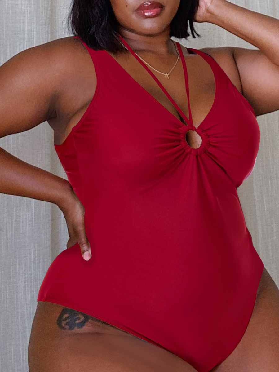 

LW Plus Size Ring Decor Adjustable Strap One-piece Swimsuit, Red
