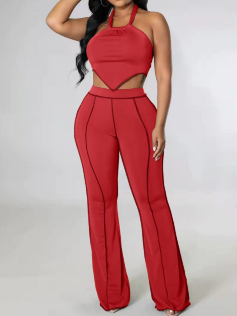 

LW SXY Crop Top Flared Pants Set, Red