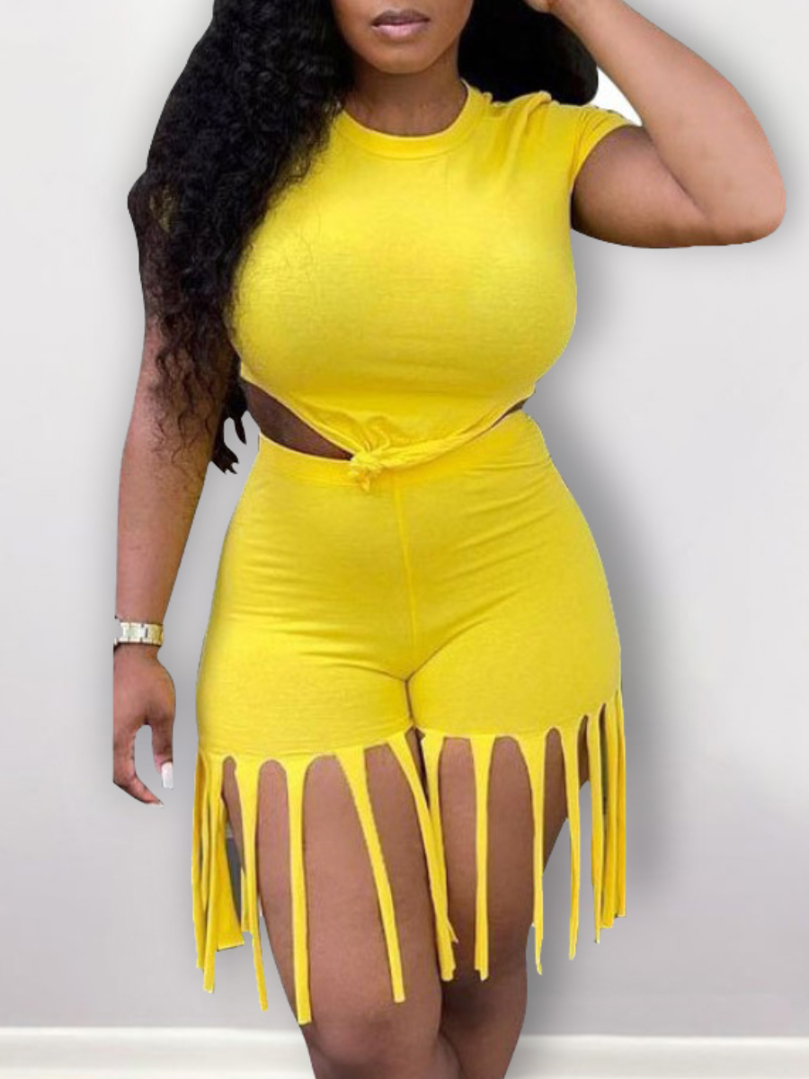 

LW Plus Size Round Neck Tassel Design Shorts Set, Yellow