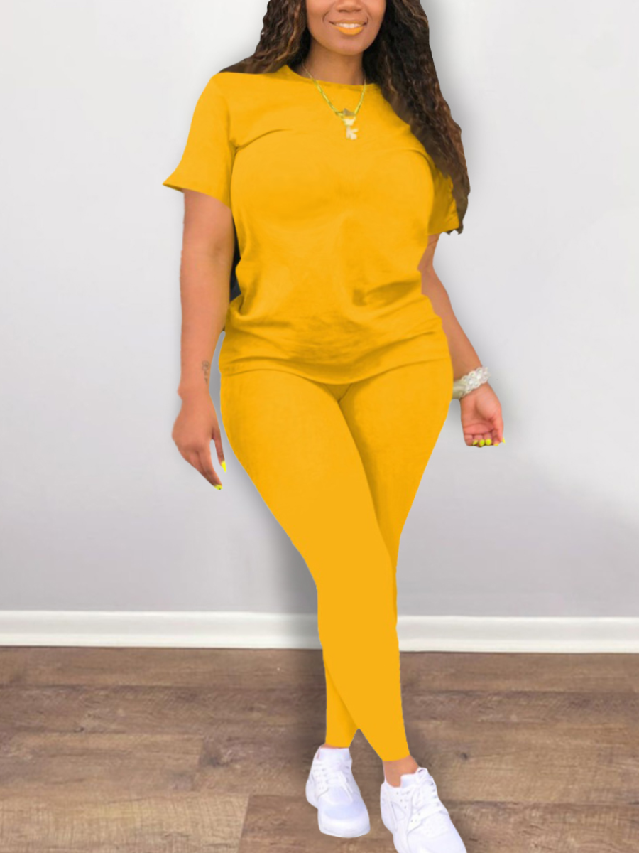 

LW BASICS Plus Size Round Neck Regular Fit Pants Set, Yellow