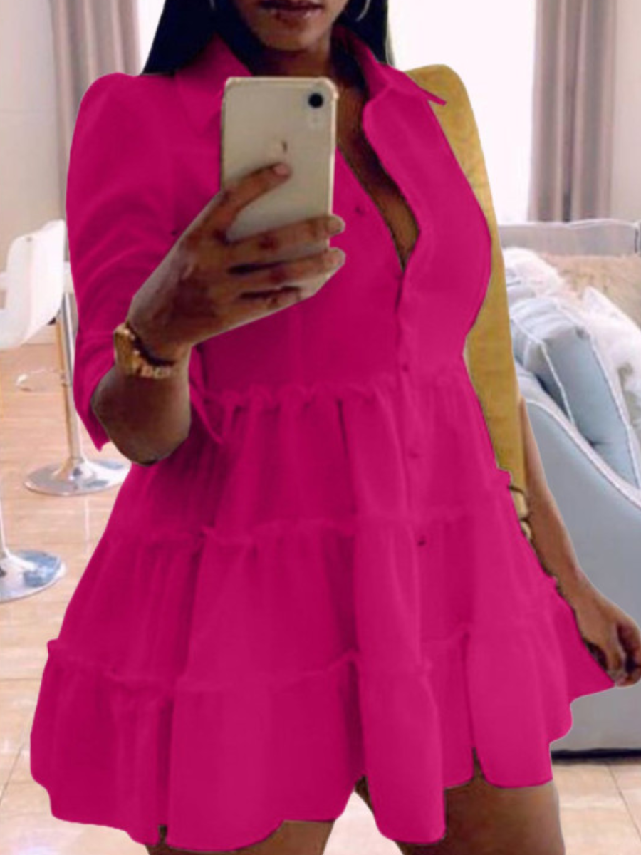 LovelyWholesale Button Ruffle Design A Line Shirt Dress Summer Half Sleeve Casual Button Design Turndown Collar Spring Summer 2024