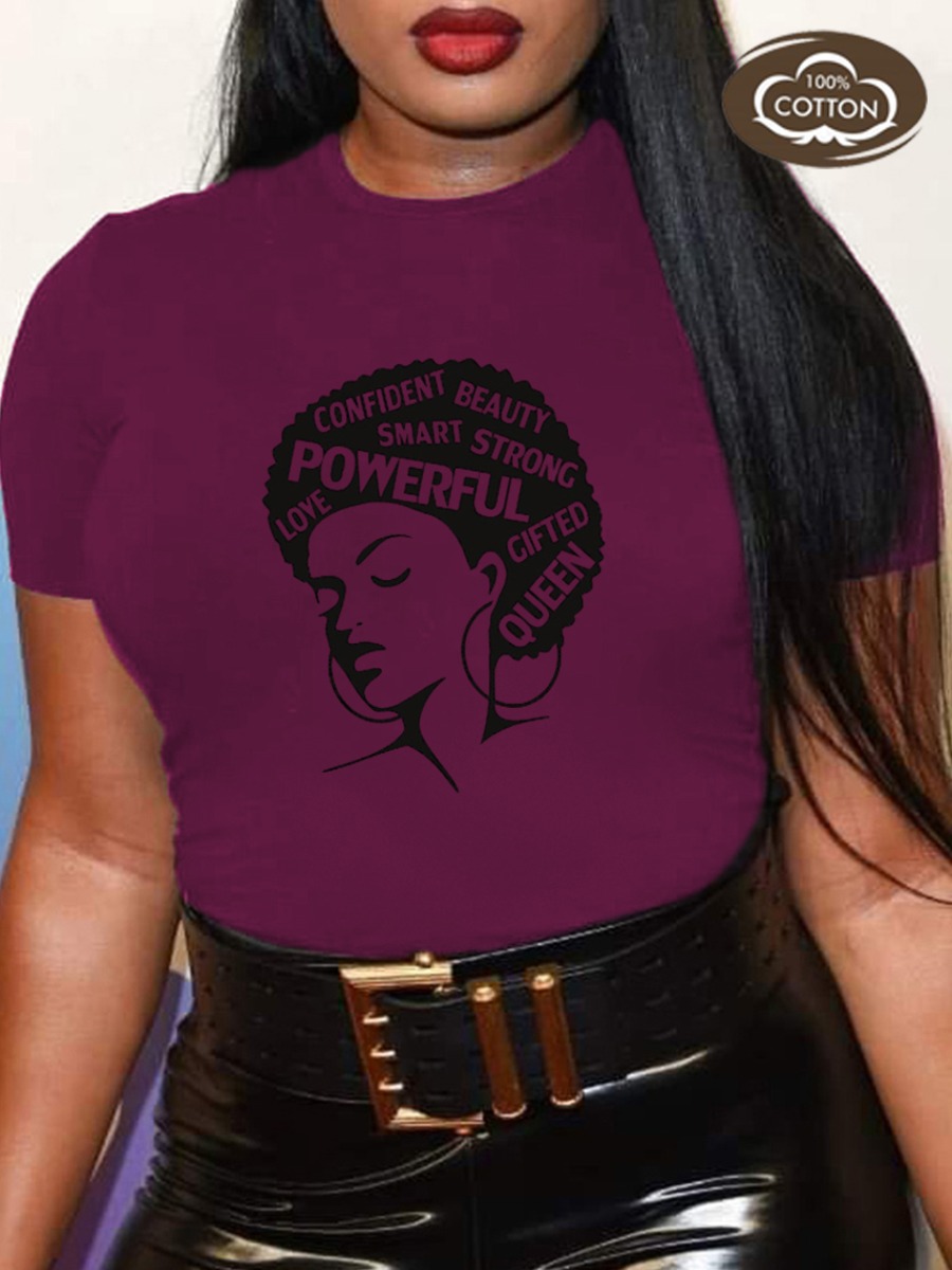 

LW COTTON Plus Size Queen Figure Letter Print T-shirt, Wine red