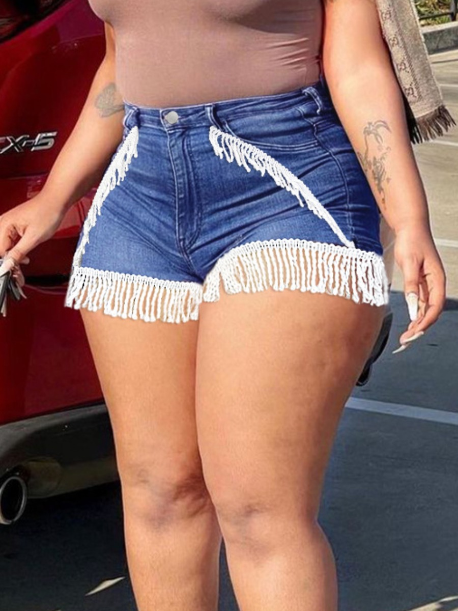 

LW Plus Size Mid Waist Tassel Design Denim Shorts, Blue