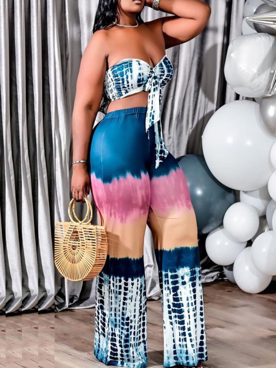 

LW Plus Size Off The Shoulder Tie-dye Pants Set, Peacock blue