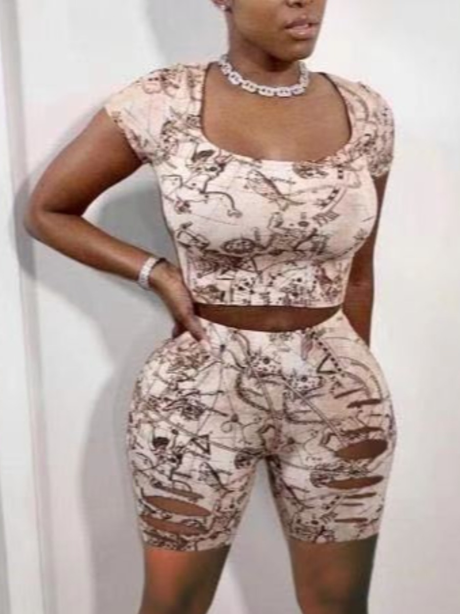 

LW Print Skinny Ripped Shorts Set, Apricot