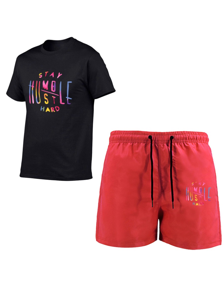 

LW Men Stay Humble Letter Print Shorts Set, Rose red