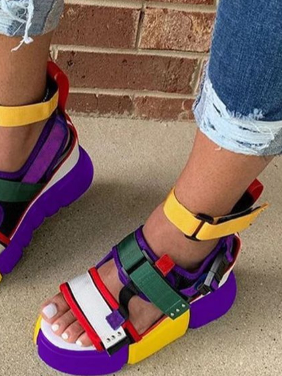 

LW Velcro Patchwork Platform Sandals, Purple