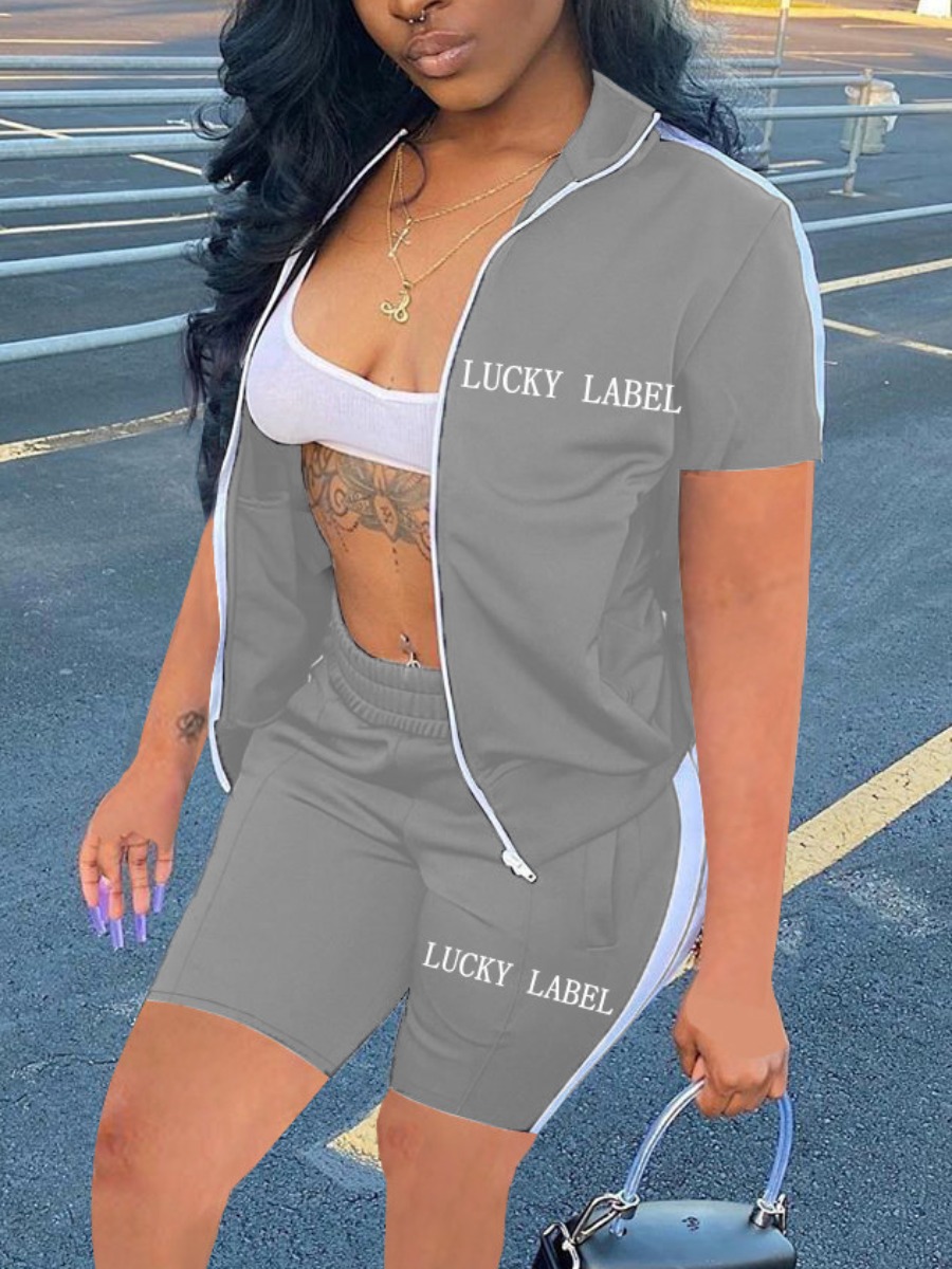 

LW Letter Print Striped Shorts Set, Grey