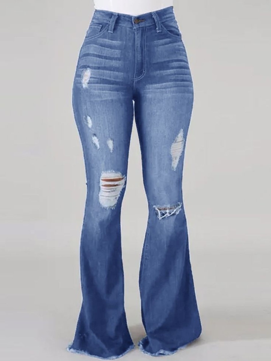 

LW High-waisted High Stretchy Ripped Flared Jeans, Baby blue