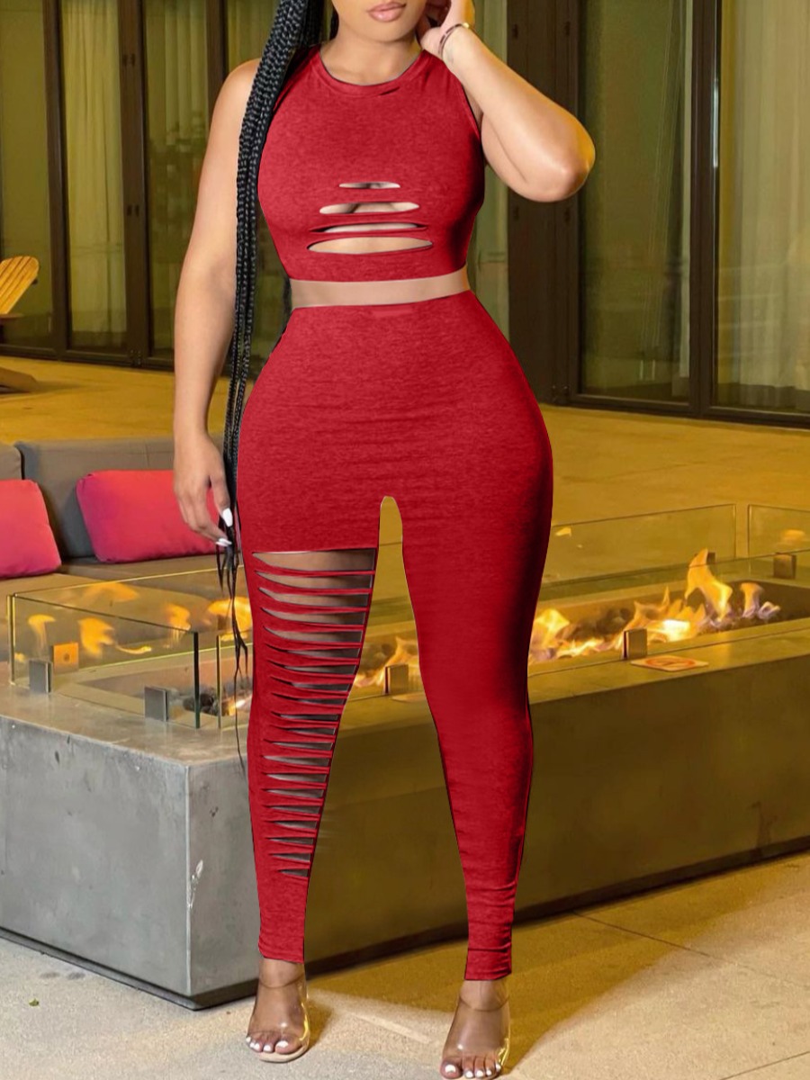 

LW Crop Top Ripped High Stretchy Pants Set, Red