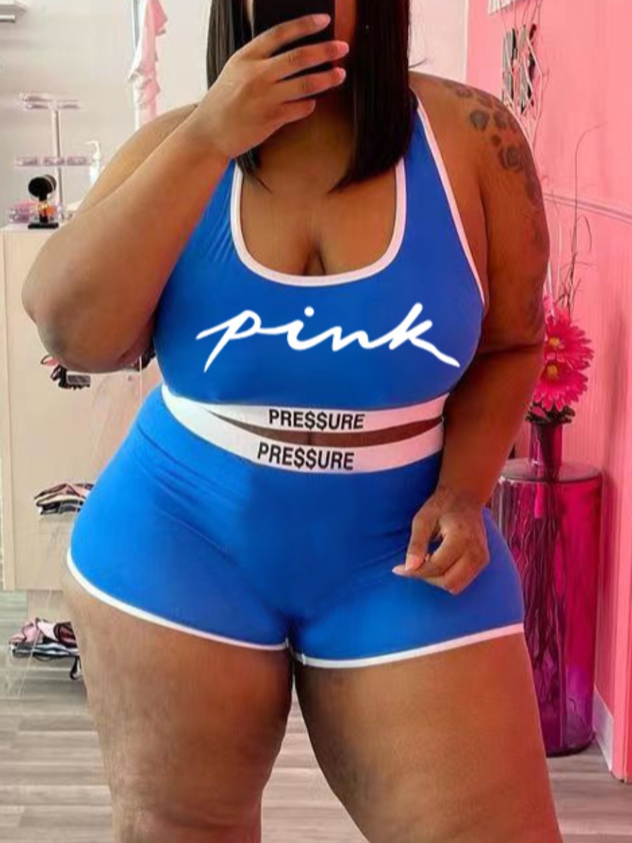 

LW Plus Size Pink Letter Print Shorts Set, Blue