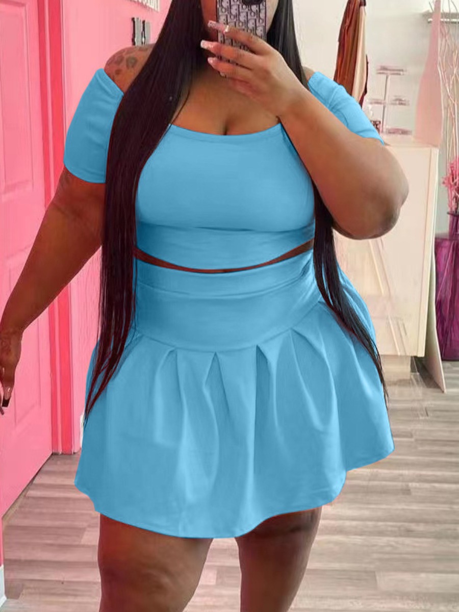 

LW Plus Size Off The Shoulder Flounce Design Skirt Set, Baby blue