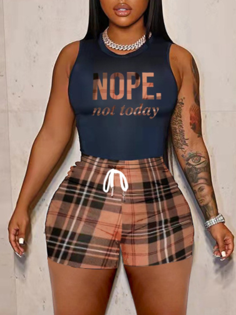 LW Plus Size Plaid Letter Print Drawstring Shorts Set