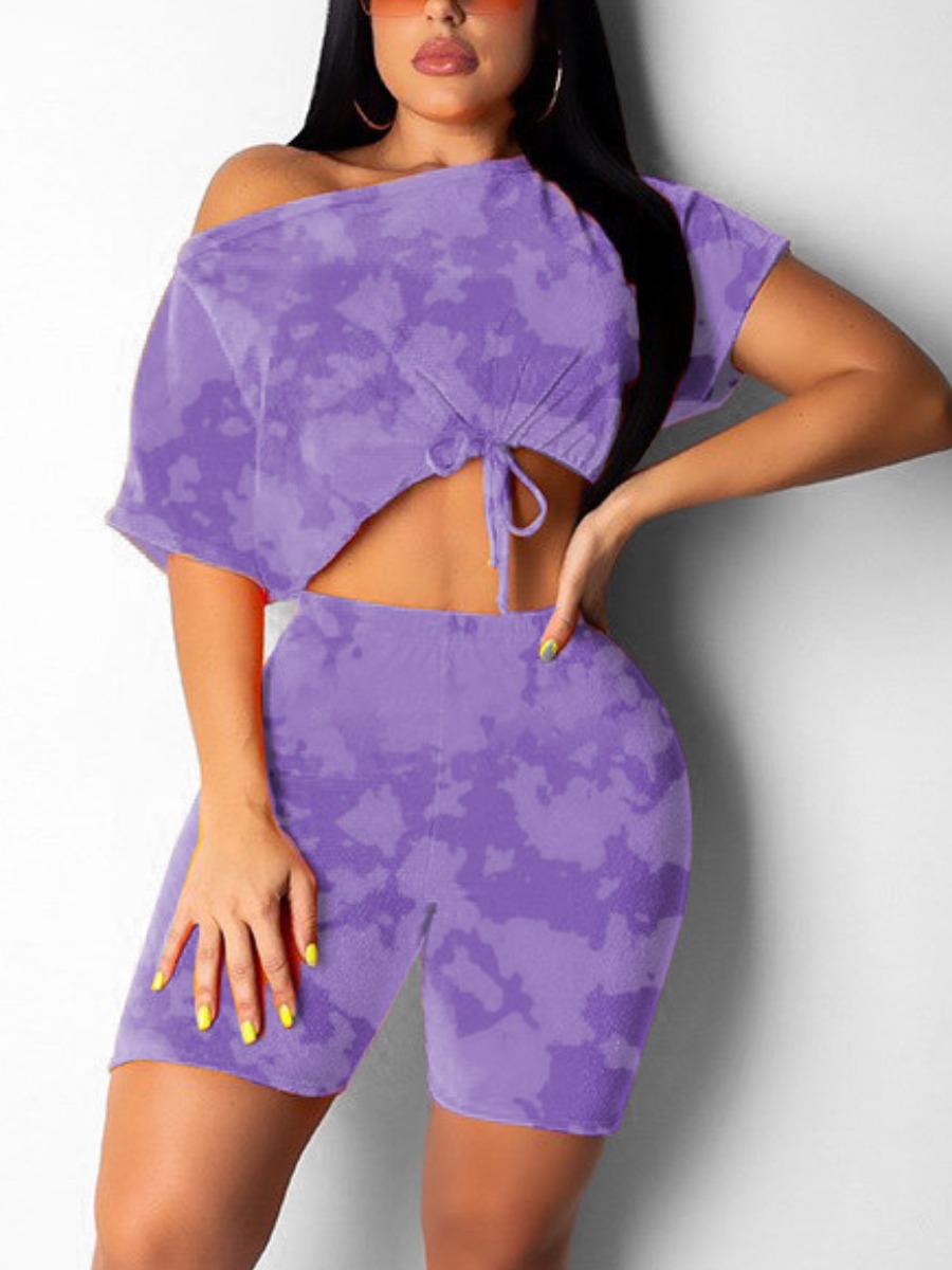 

LW Tie-dye Drawstring Shorts Set, Purple camouflage