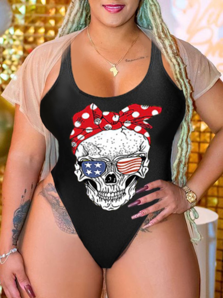 

LW Plus Size Skull Head American Flag Print One-piece Swimsuit, Red