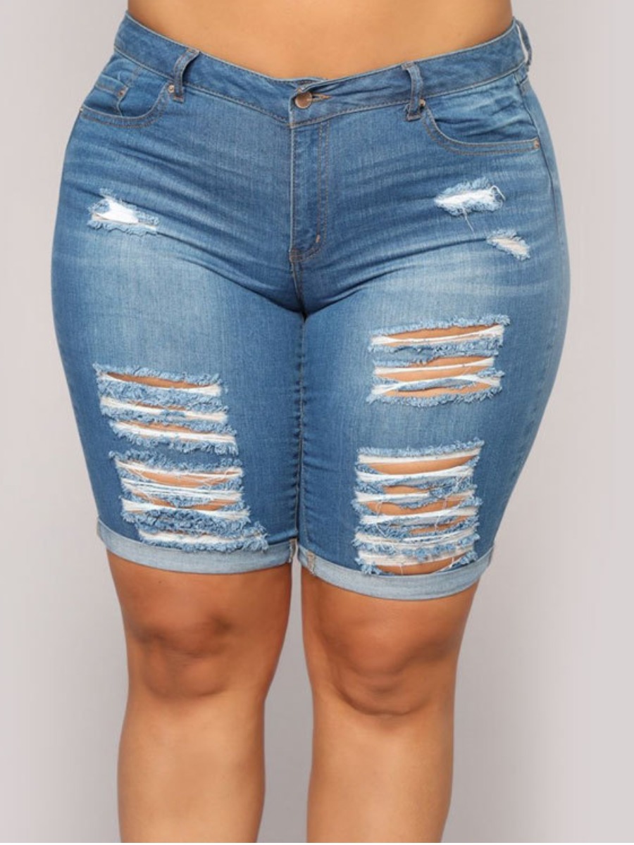 

LW Plus Size Ripped Stretchy Denim Shorts, Blue