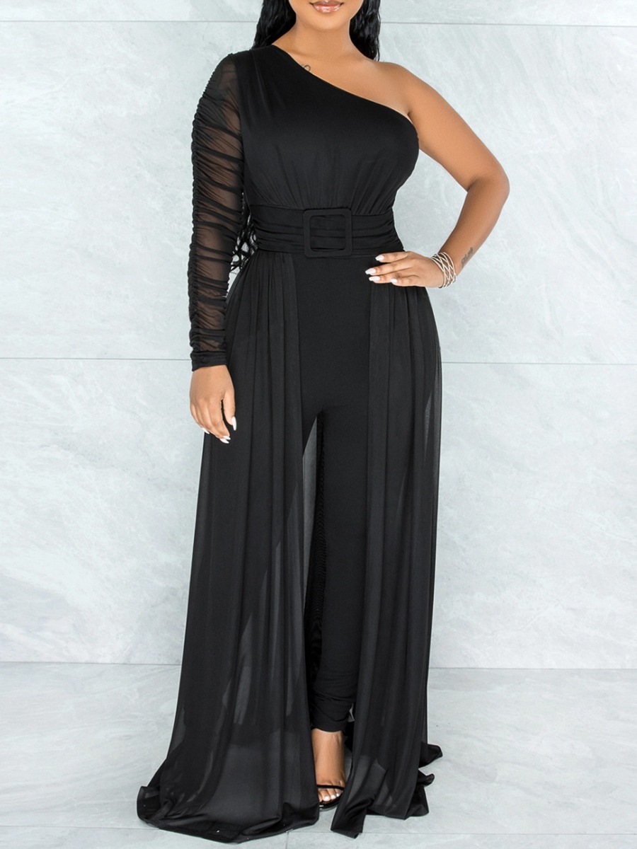 

LW SXY One Shoulder See-through Overlay Skirt Jumpsuit, Black