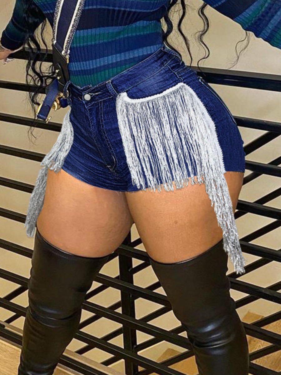 

LW Tassel Design High Stretchy Denim Shorts, Deep blue