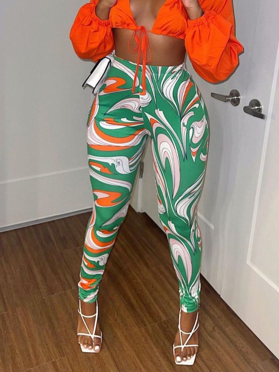 

LW Mixed Print Stretchy Yoga Leggings, Green