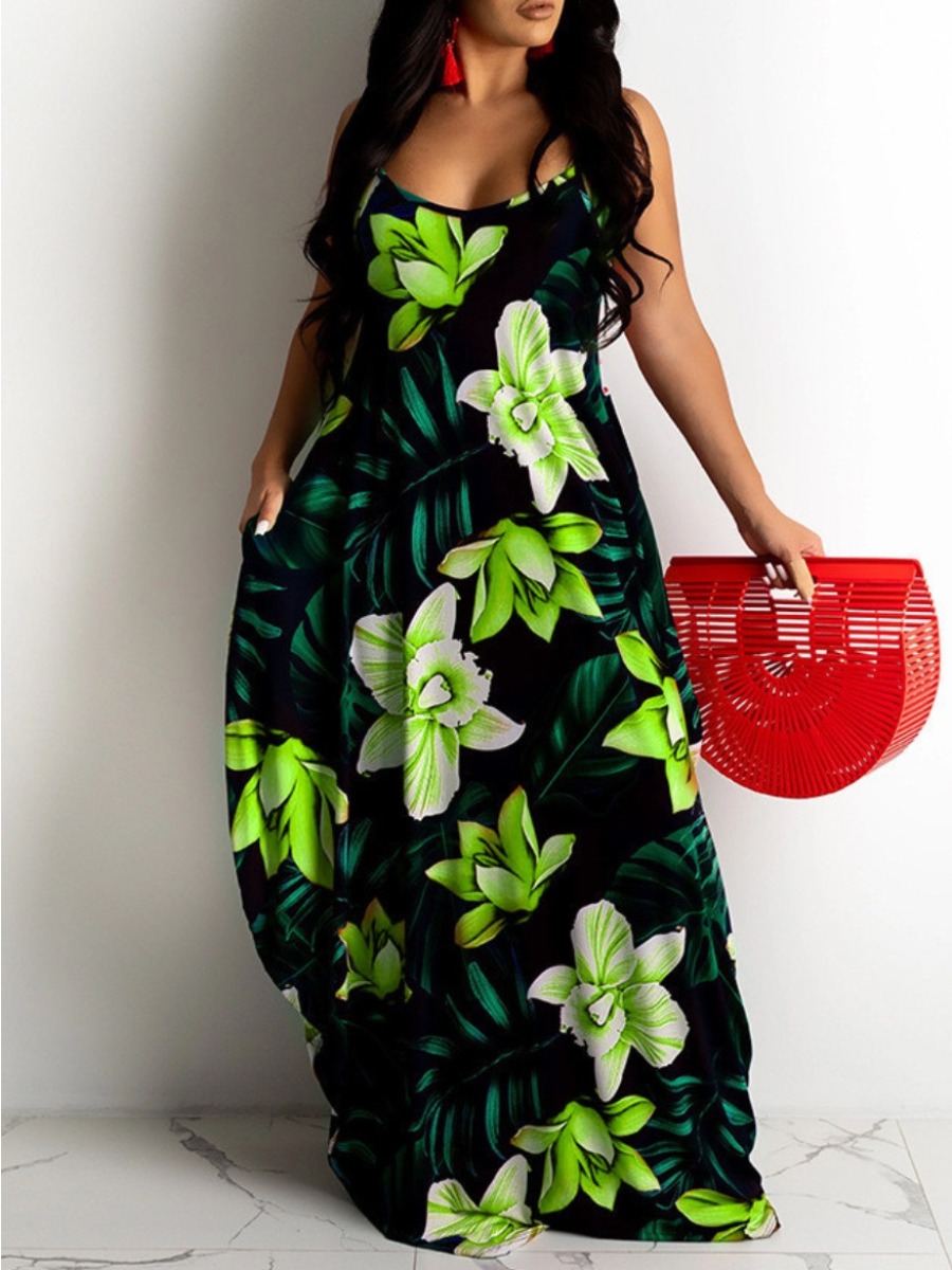 

LW Plus Size Floral Print Cami Loose Dress, Green
