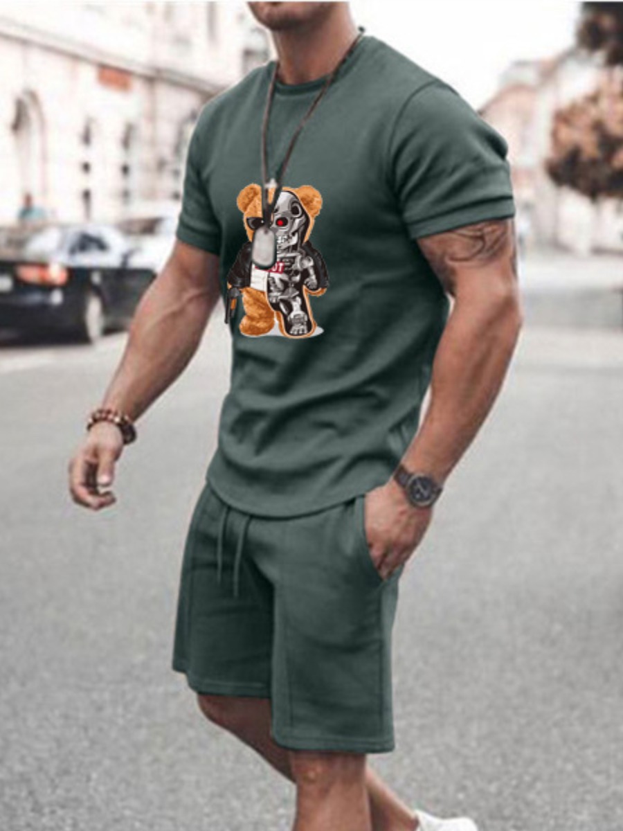 LovelyWholesale Men Cartoon Print Drawstring Shorts Set Summer Short Sleeve Casual Pattern Round Neck Spring Summer 2024