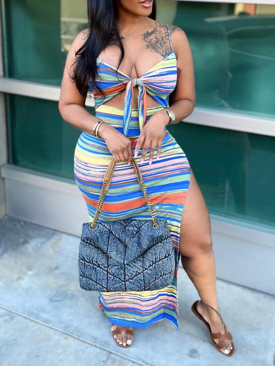 LovelyWholesale Striped Bandage Design Slit Dress Summer Sleeveless Casual Cut Out V Neck Spring Summer 2024