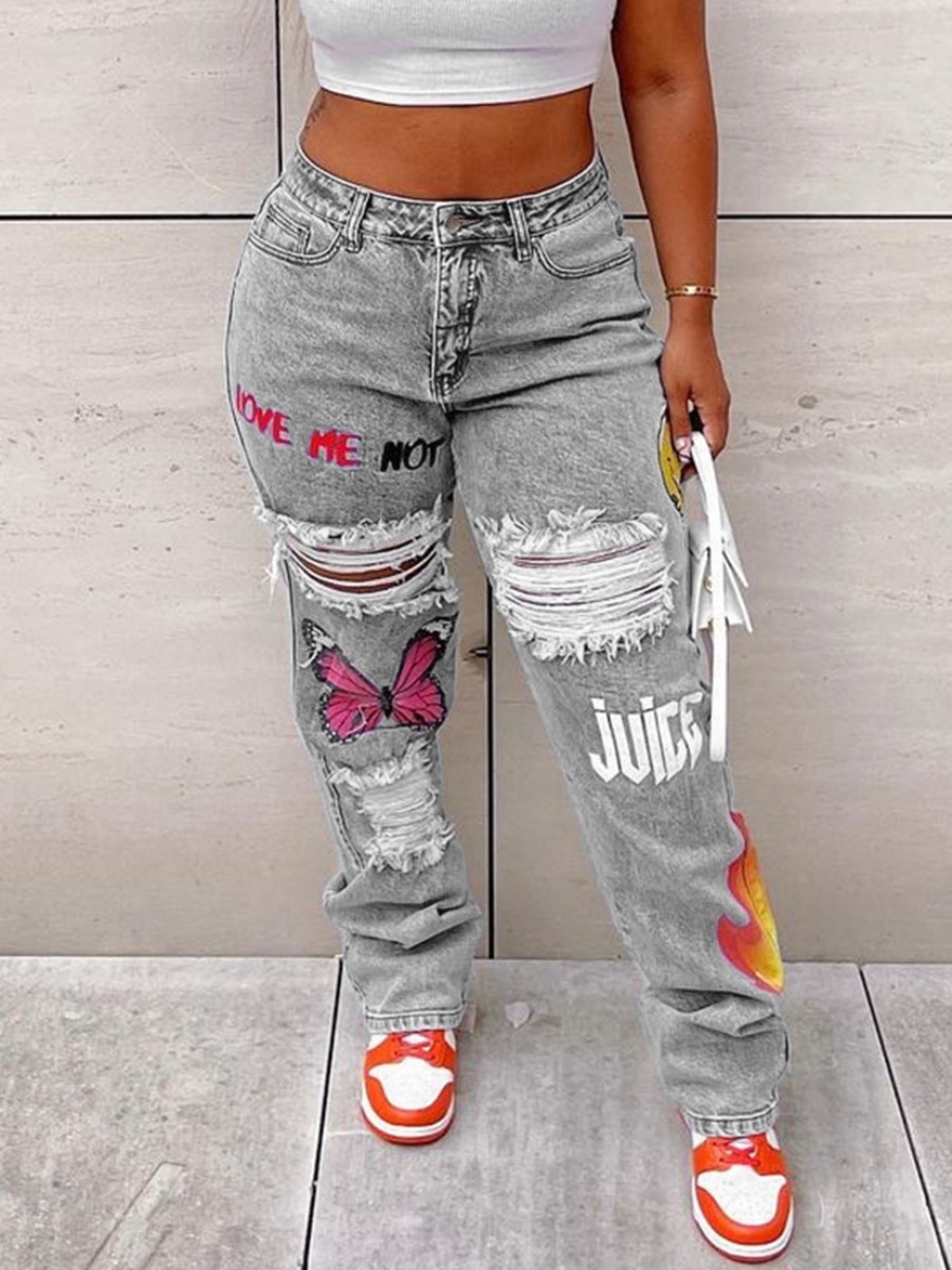 

LW Butterfly Letter Print Ripped Jeans, Grey