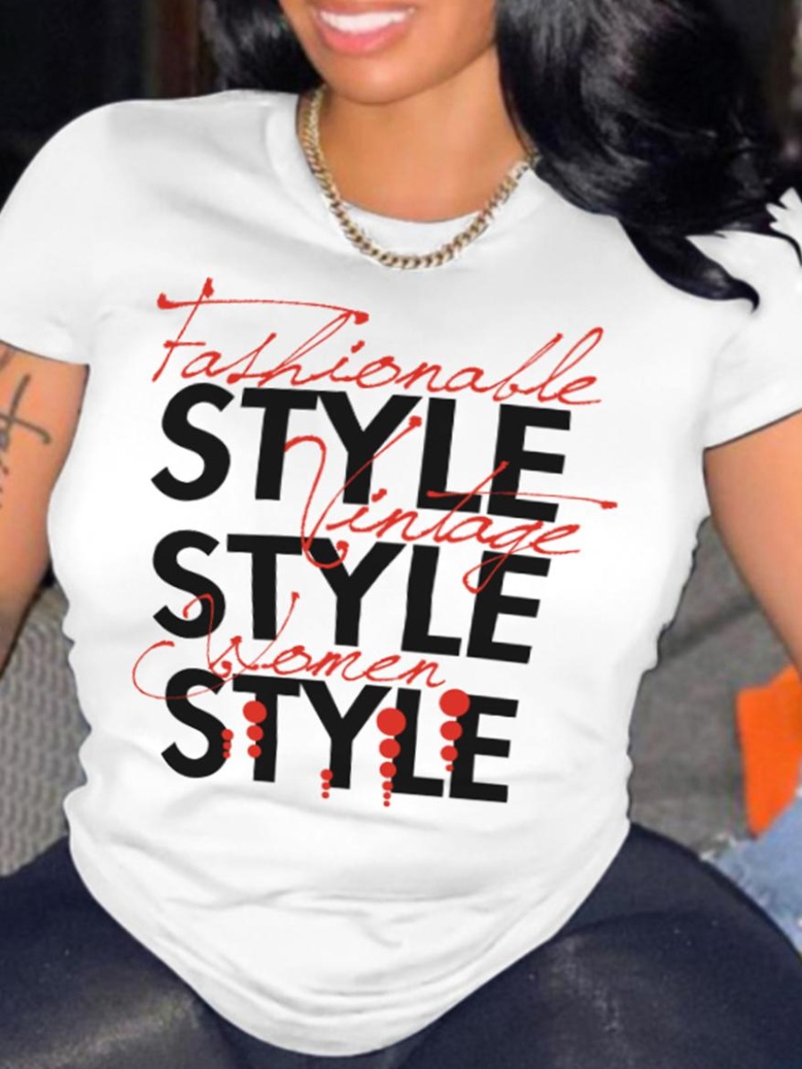 

LW Plus Size Round Neck Letter Print T-shirt, White
