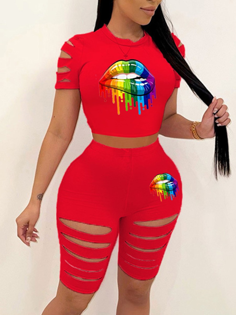 

LW Lip Print Crop Top Ripped Shorts Set, Red