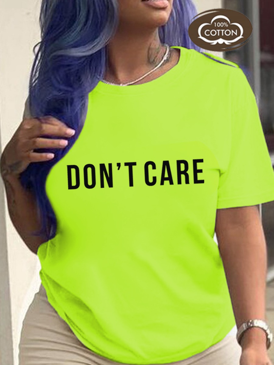 

LW COTTON Plus Size Round Neck Letter Print T-shirt, Green