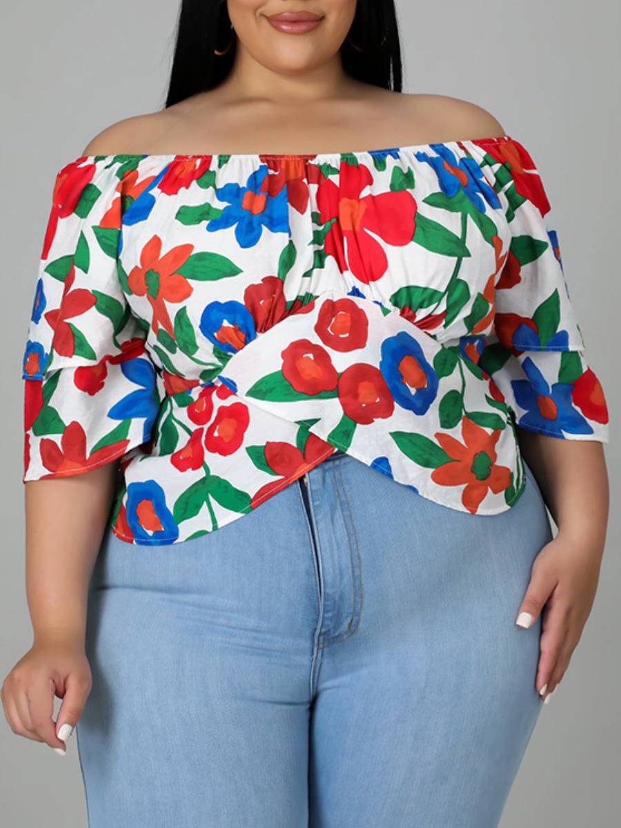 

LW Plus Size Off The Shoulder Foral Print Blouse, White