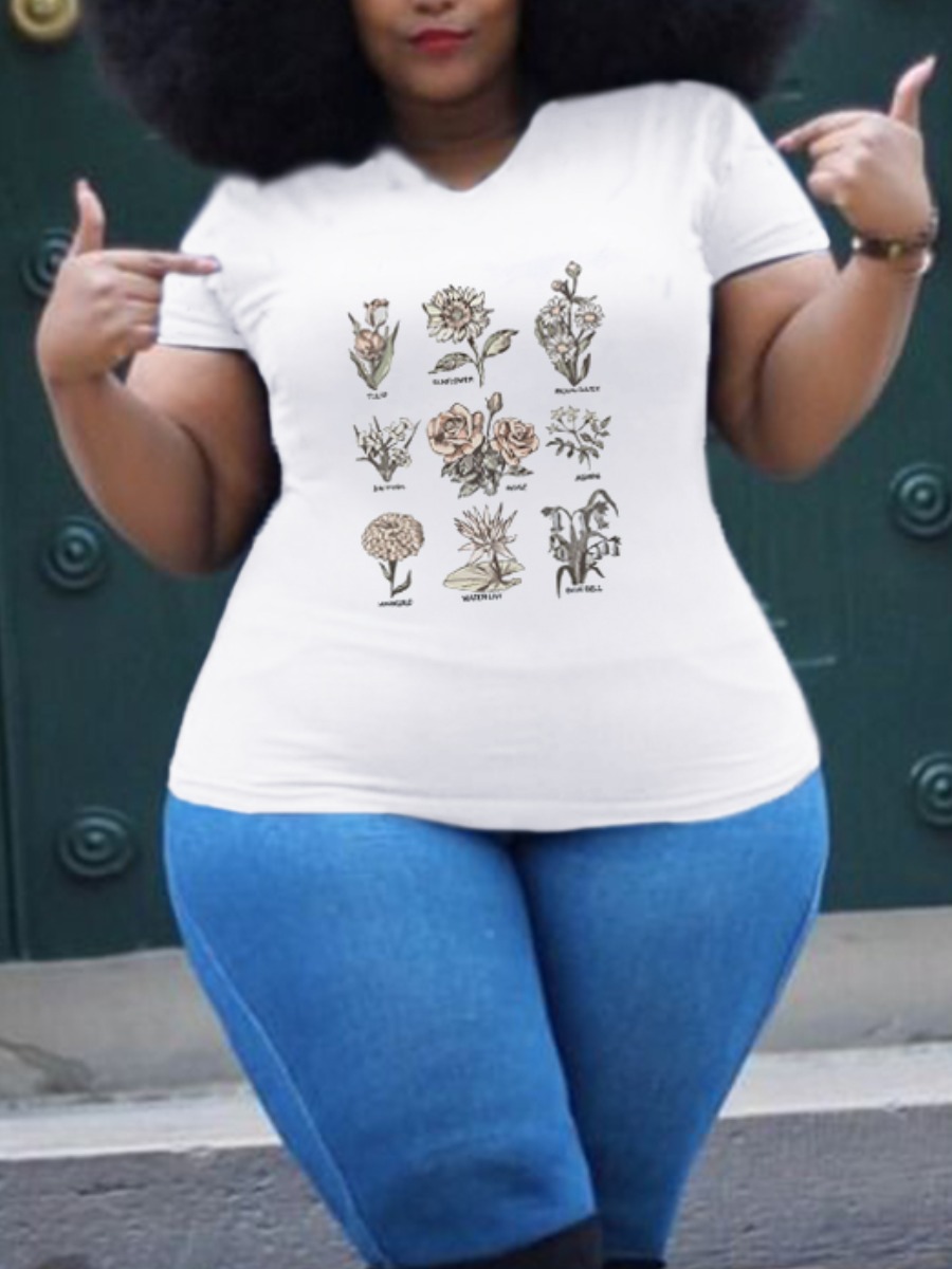 

LW COTTON Plus Size Rose Sunflower Print T-shirt, White