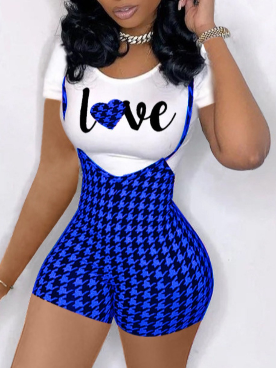 

LW Plaid Letter Print Overalls Shorts Set, Blue