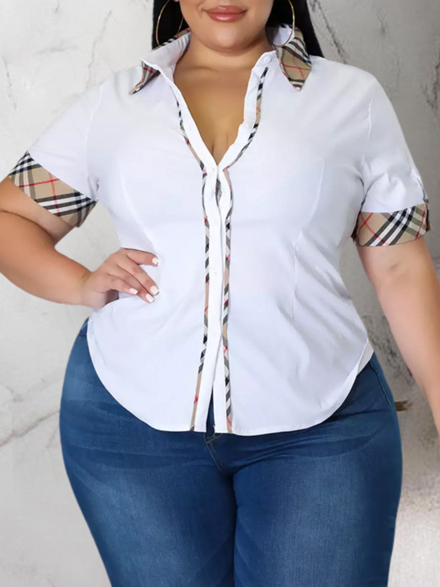 

LW Plus Size Plaid Print Patchwork Shirt, White