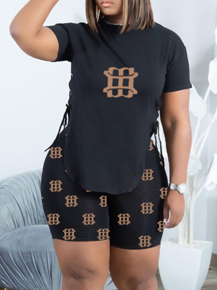 

LW Plus Size Letter Print Side Split Shorts Set, Black