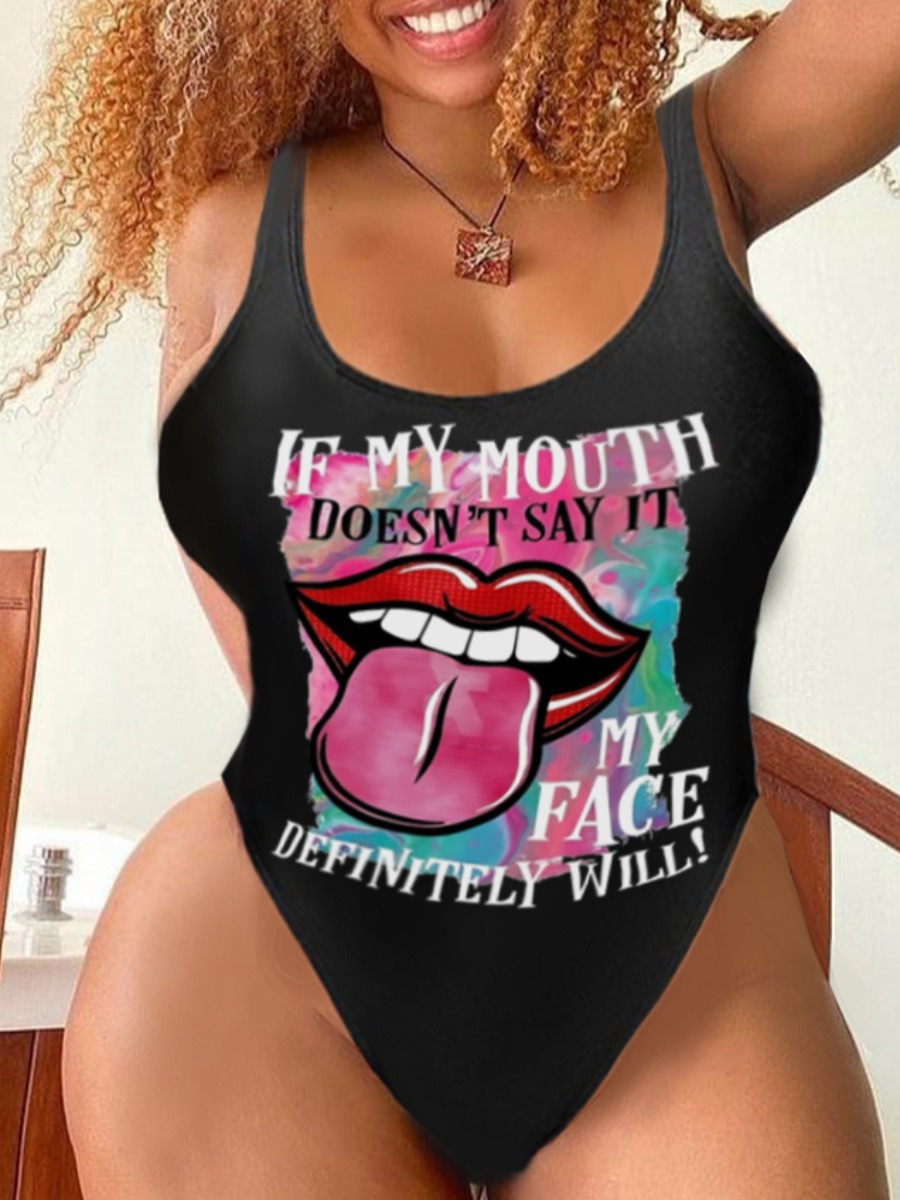

LW Plus Size Lip Letter Print One-piece Swimsuit, Pink