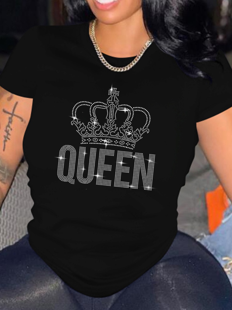 LovelyWholesale Plus Size Rhinestone Queen Letter Decor T-shirt Summer Short Sleeve Casual Hot Drilling Round Neck  4X Spring Summer 2024