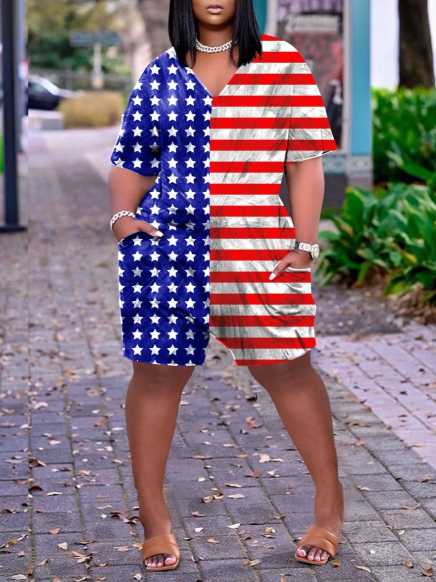 

LW Plus Size American Flag Striped Romper, Red