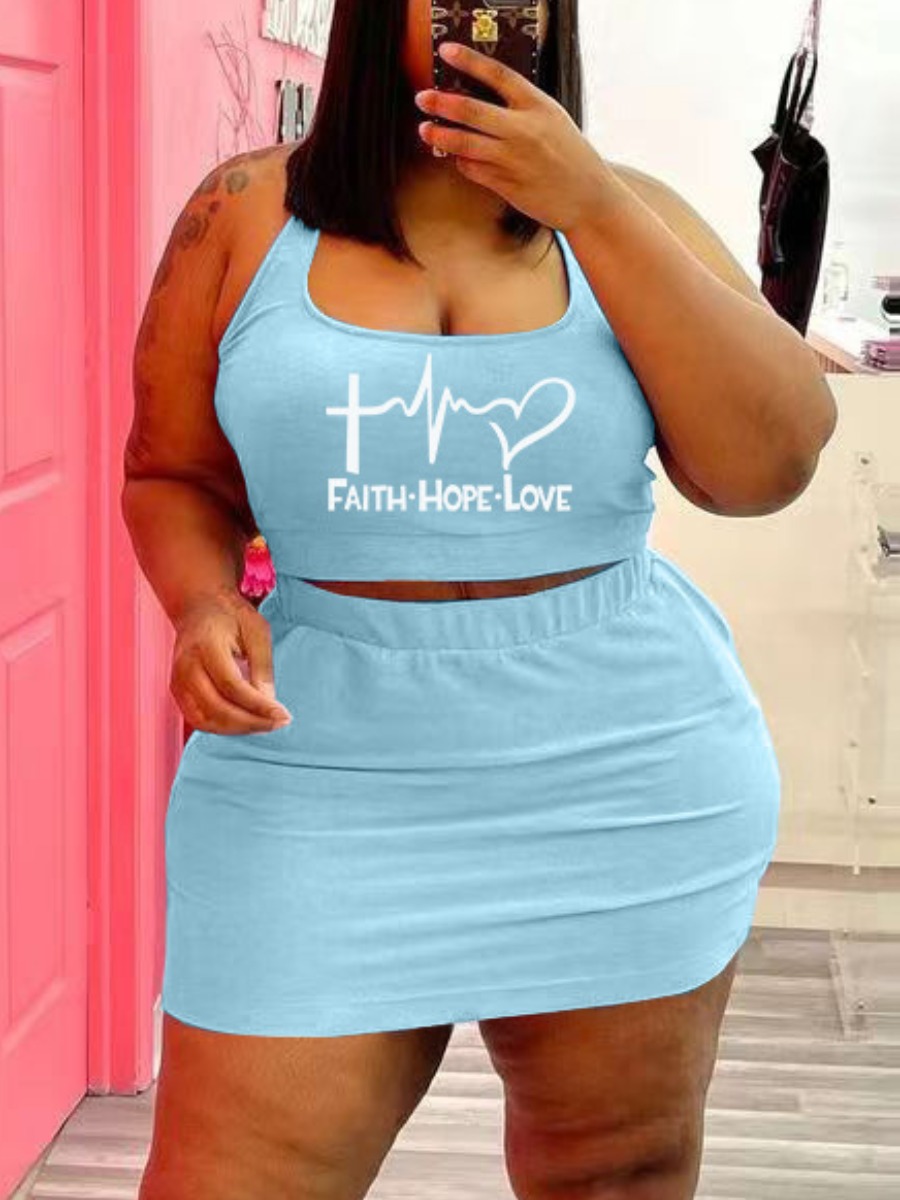 

LW BASICS Plus Size Heart Letter Print Skirt Set, Baby blue