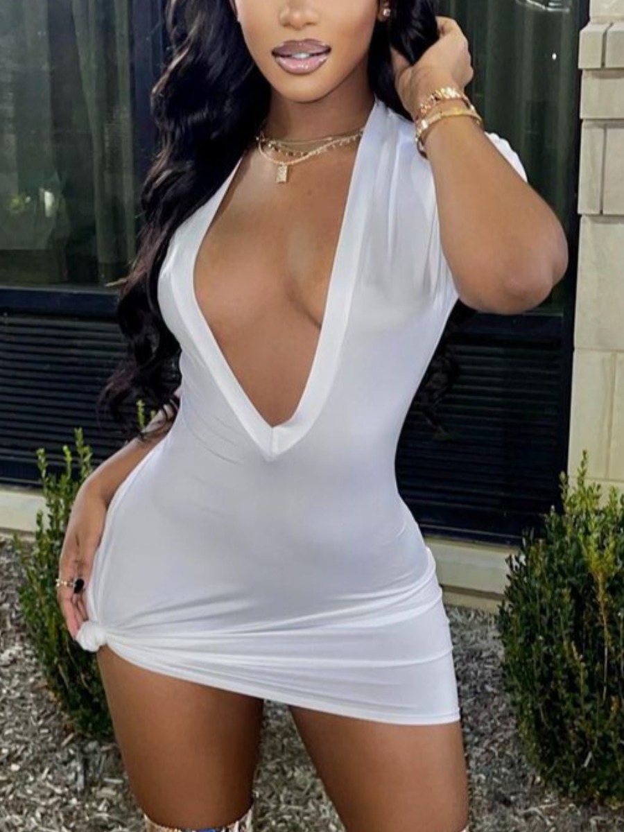 

LW Deep V Neck Stretchy Bodycon Dress, White