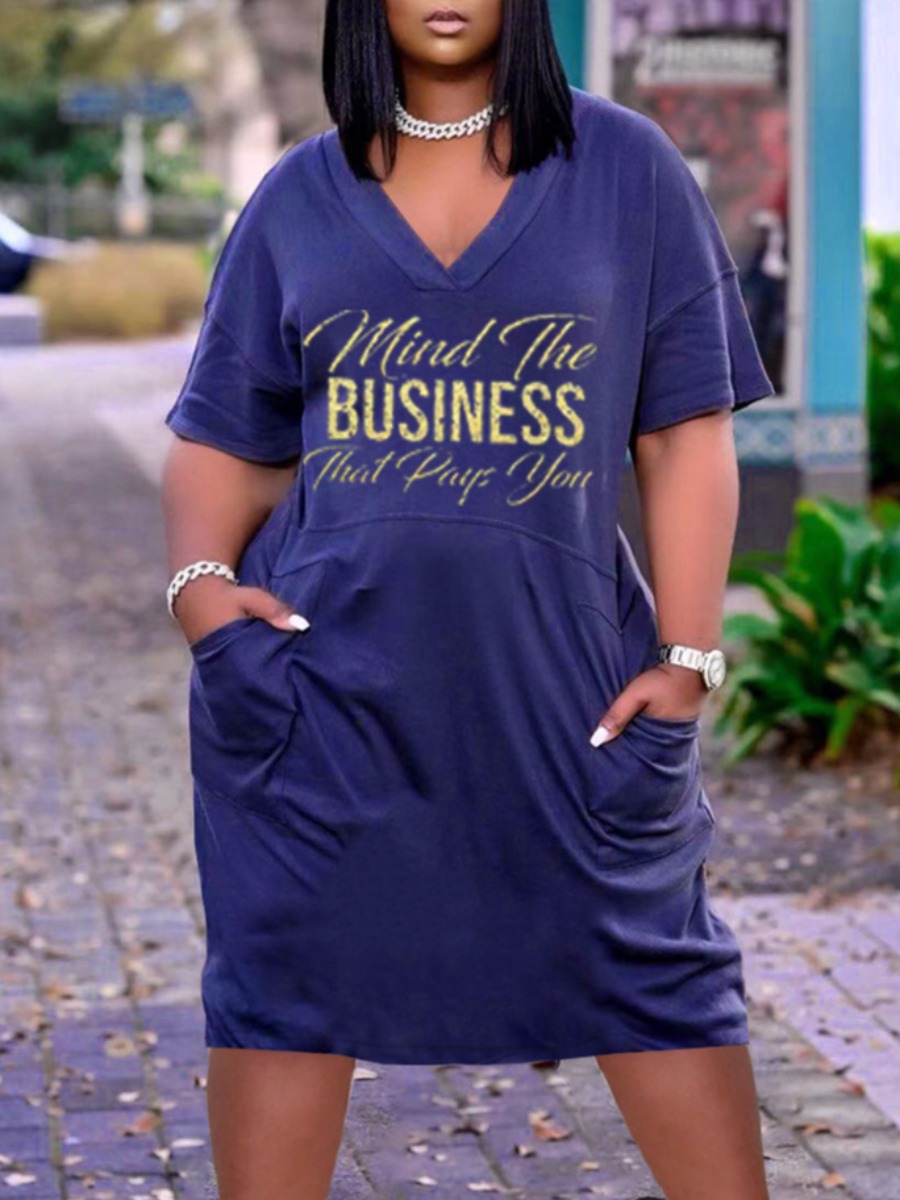 

LW Plus Size Letter Print Pocket Design Dress, Dark blue
