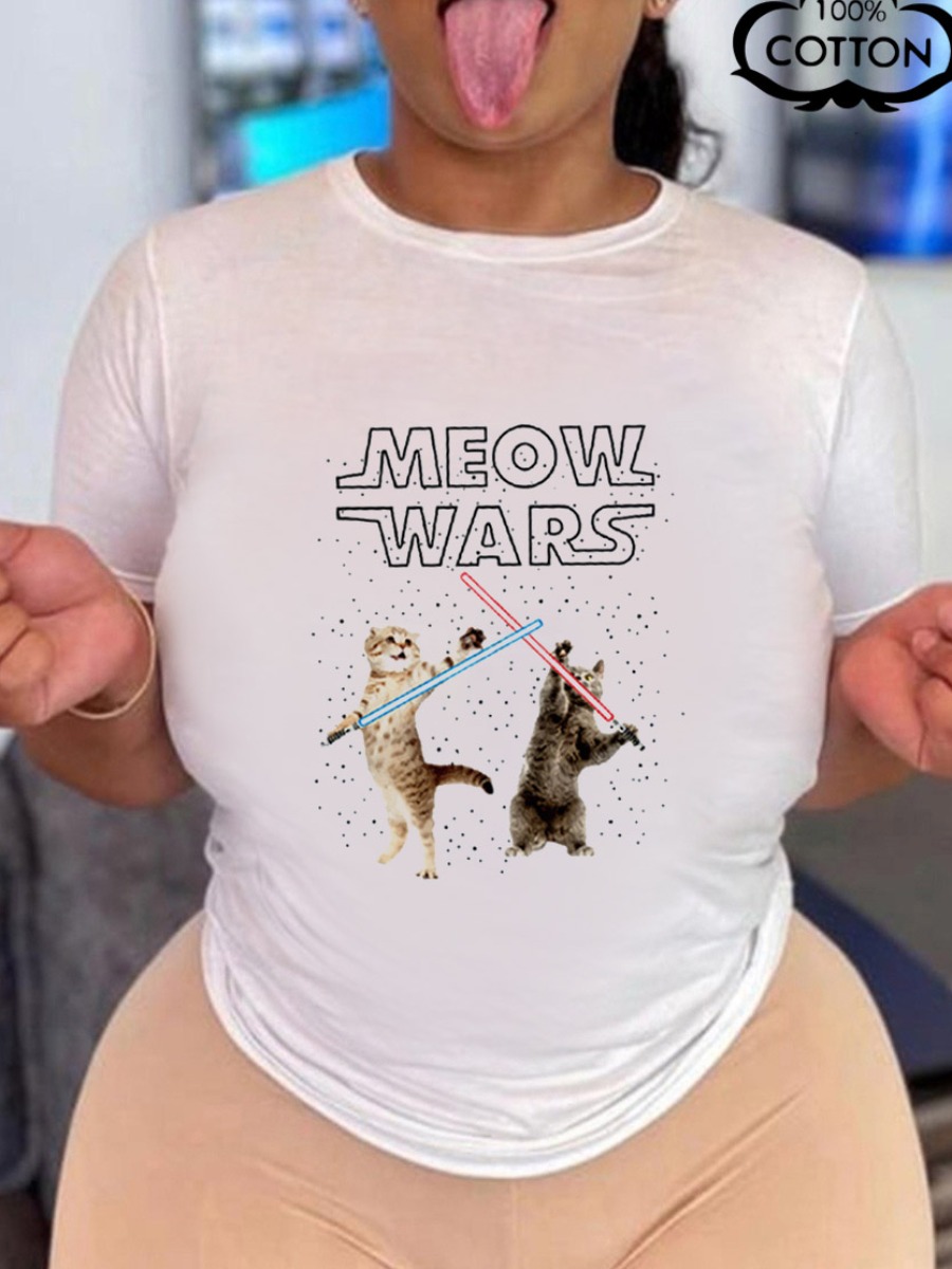 LW COTTON Cat Letter Print T-shirt, White