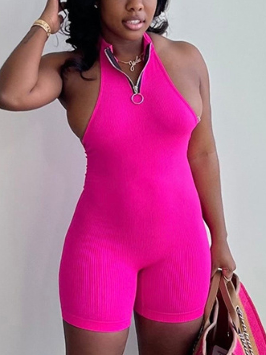 

LW Zip Up Backless Skinny Romper, Rose red