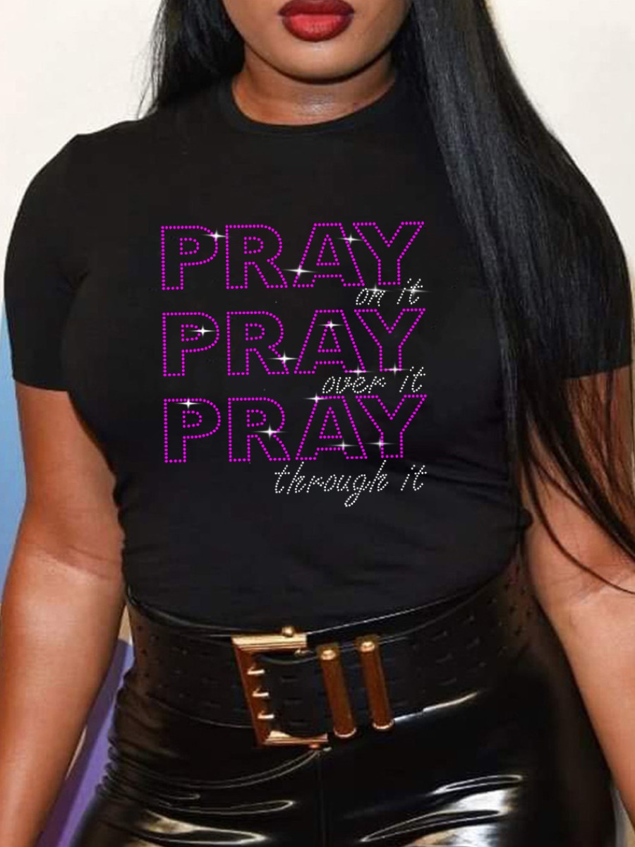 

LW Plus Size Rhinestone Letter Decor T-shirt, Black