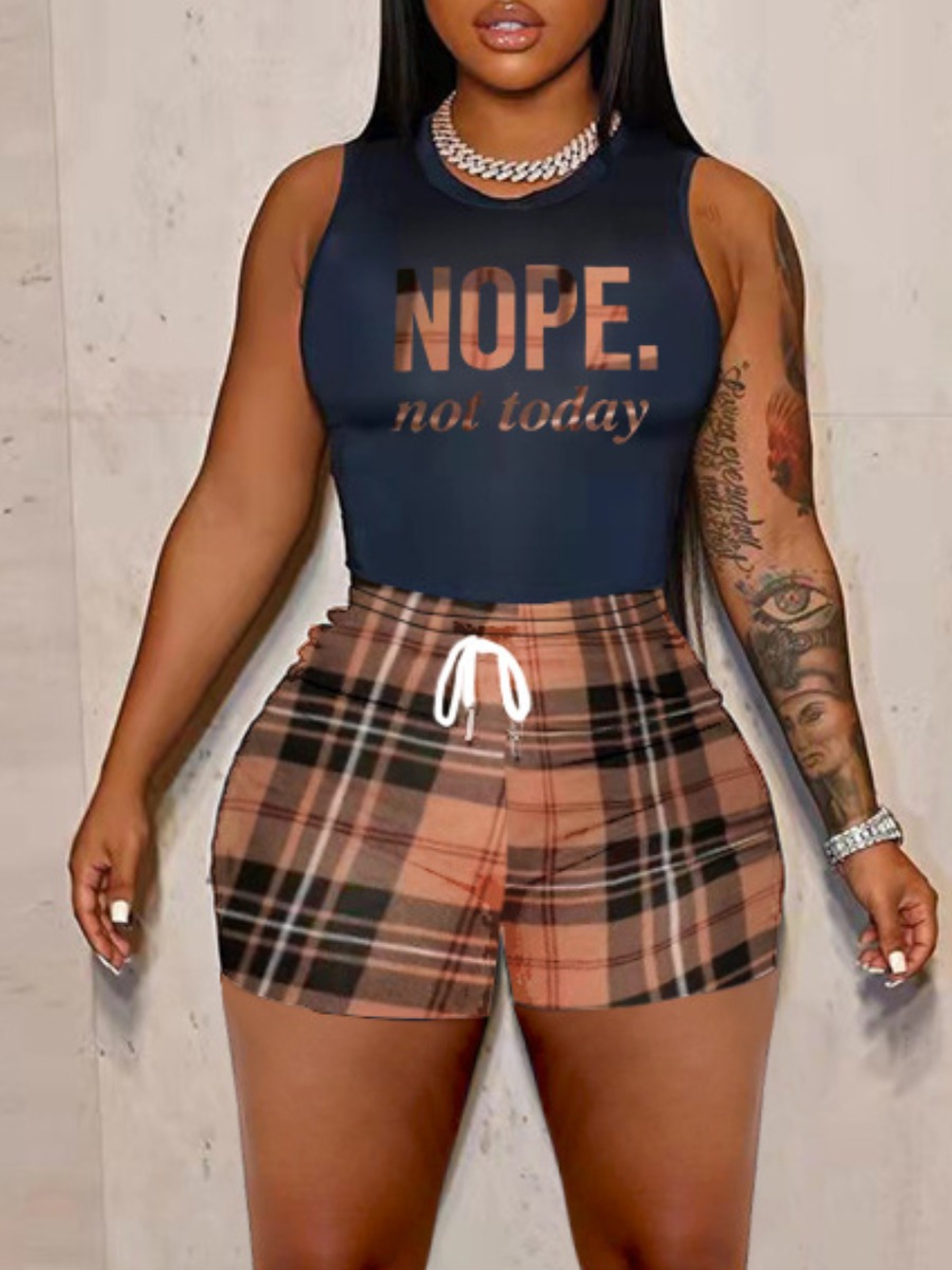 

LW Letter Plaid Print Drawstring Shorts Set, Khaki