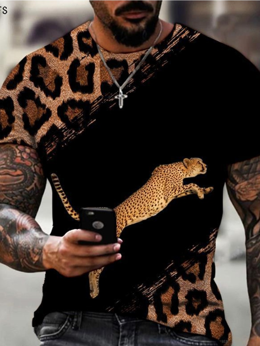 

LW Men Round Neck Leopard Print T-shirt, Carbon black