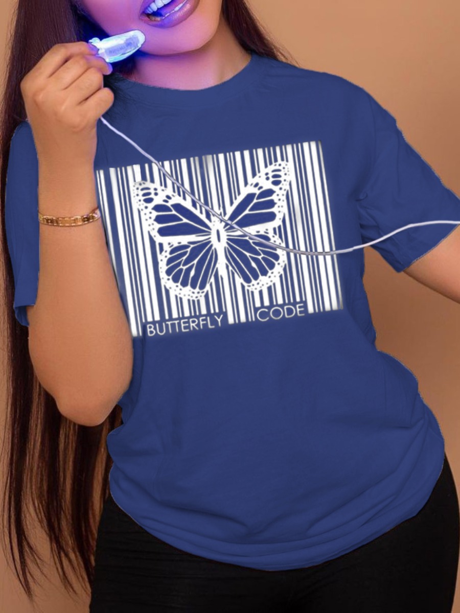 

LW Butterfly Letter Print T-shirt, Deep blue